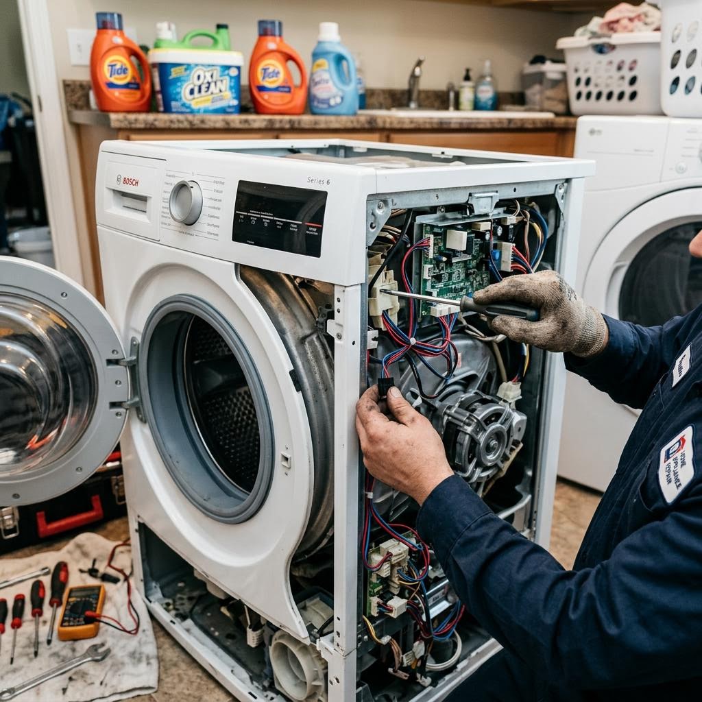 Technician repairing washing machine in Visalia home